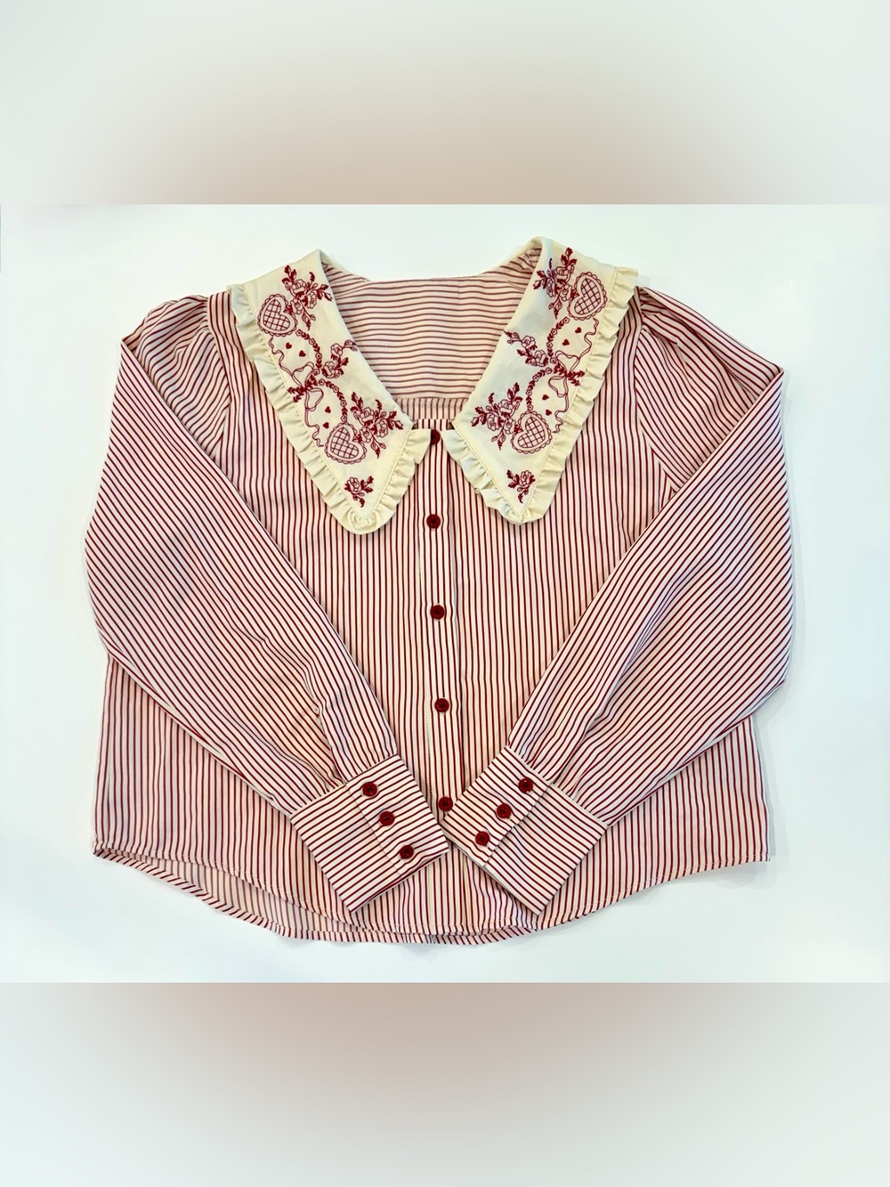 Cider Doll Collar Striped Red & Cream Blouse with Embroidered Collar